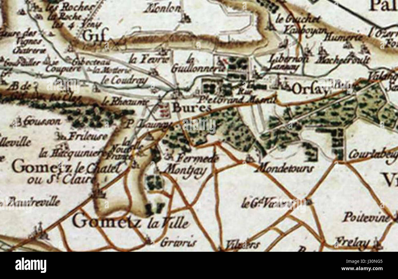 La mappa di Cassini di Bures-sur-Yvette, una città nella regione francese dell'ÃŽle-de-France, fa parte della più ampia serie di mappe di Cassini del XVIII secolo, che offre rappresentazioni dettagliate della geografia francese. Foto Stock