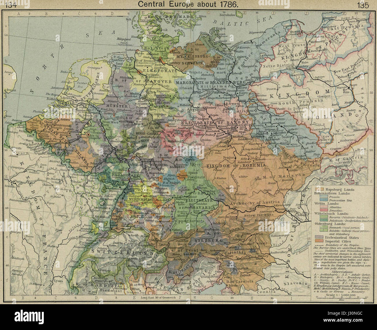 Questa mappa storica del 1786 raffigura l'Europa centrale, mostrando i confini politici, la geografia e i punti di riferimento chiave della regione durante la fine del XVIII secolo. Foto Stock