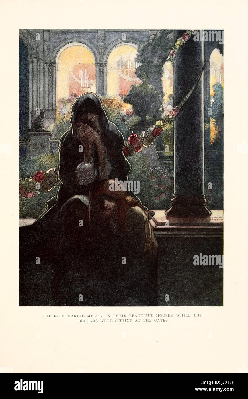 Un'immagine di contrasto sociale, raffigurante un mendicante fuori dalla casa di un individuo ricco, evidenziando le disparità in termini di ricchezza e condizioni di vita. Foto Stock