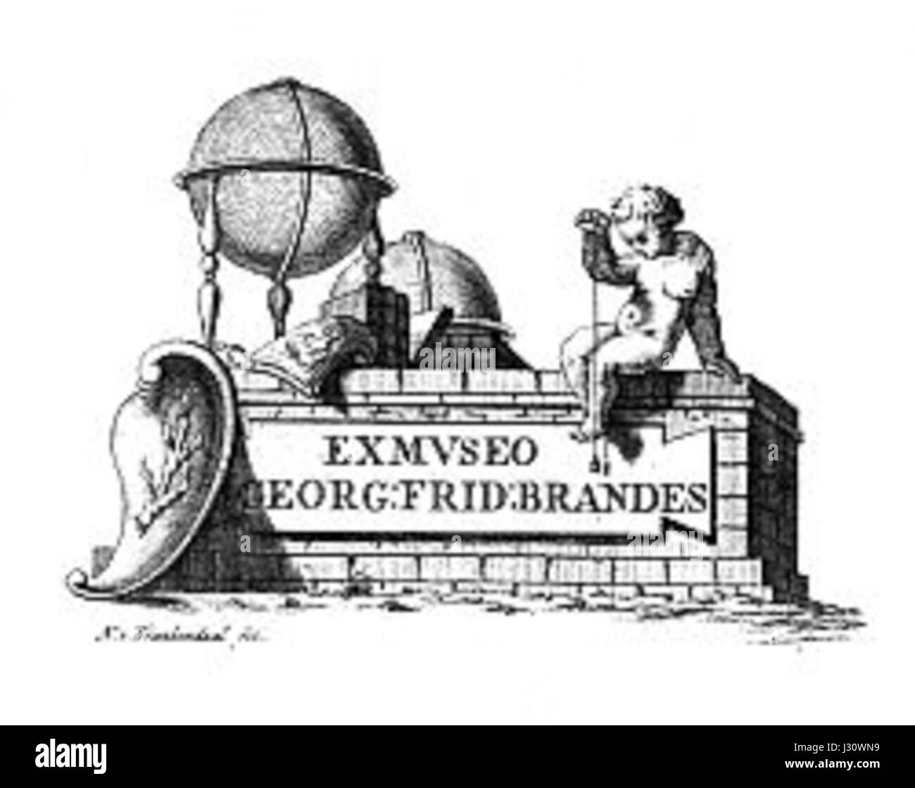 Questa immagine raffigura un ex libris di Brandes, una forma di libreria personalizzata utilizzata per indicare la proprietà dei libri, che riflette l'identità e il gusto del proprietario nella letteratura e nell'arte. Foto Stock
