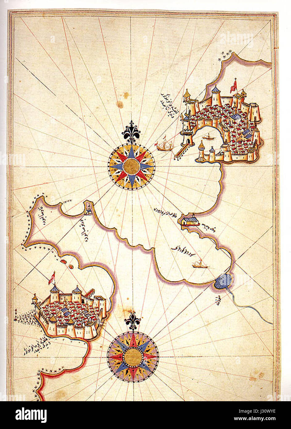 Amorgos di Piri Reis si riferisce a una mappa creata dal famoso cartografo ottomano Piri Reis, che mostra l'isola di Amorgos. Piri Reis è noto per le sue dettagliate e accurate raffigurazioni di luoghi geografici all'inizio del XVI secolo. Foto Stock