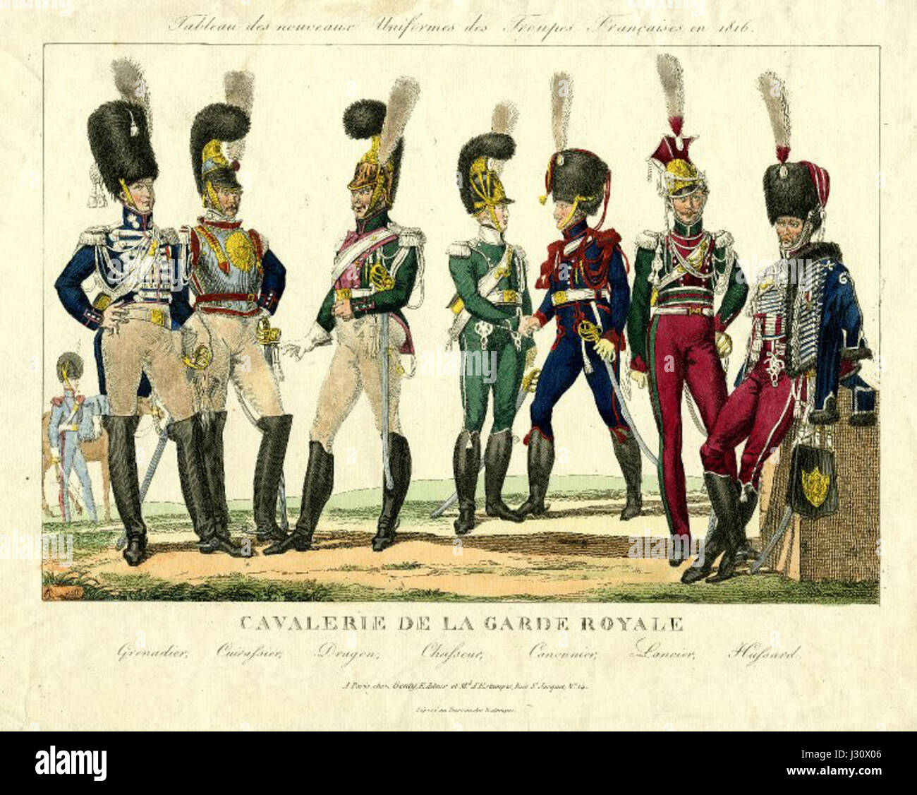 La Cavalerie de la Garde royale, o cavalleria della Guardia reale, si riferisce alle unità di cavalleria d'élite storicamente associate alla protezione reale. Il loro ruolo fu cruciale durante i periodi della monarchia, specialmente in Francia durante il XVIII e XIX secolo. Foto Stock