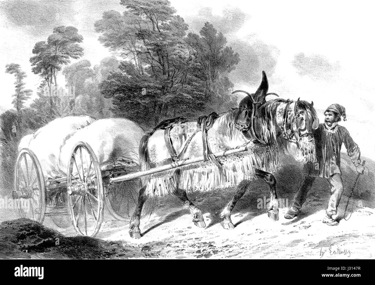 Un'illustrazione dell'Atlante statico del 1850 di GAYOT, raffigurante una tradizionale carrozza trainata da cavalli Franchi-Comtois, che mostra il patrimonio culturale della regione e i metodi di trasporto della metà del XIX secolo. Foto Stock