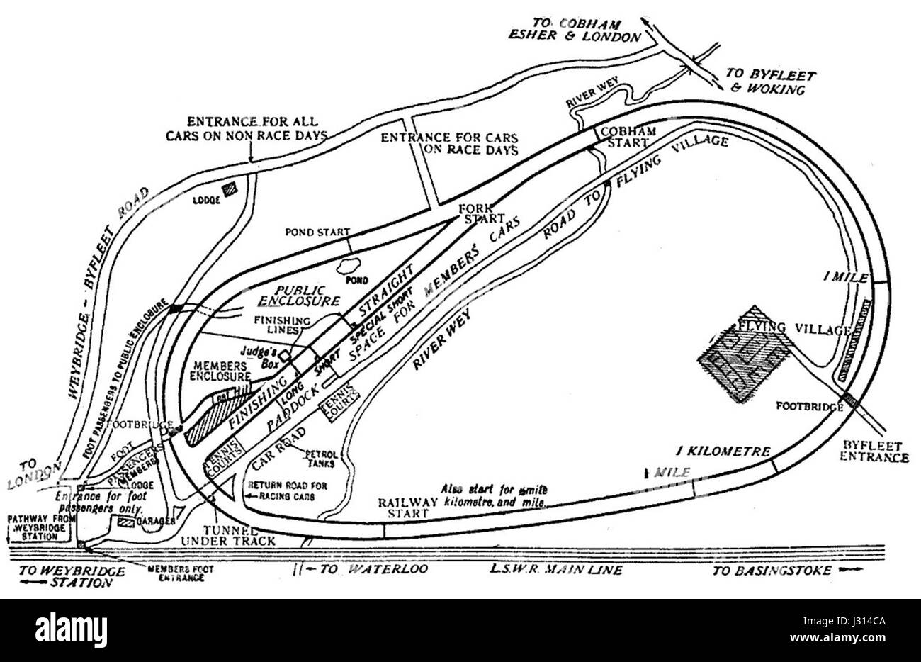 La mappa di Brooklands è presente nella nona edizione dell'Autocar Handbook, che mostra il circuito automobilistico di Brooklands. Mette in evidenza il design e la disposizione del circuito, che è stato significativo nella storia del Motorsport. Foto Stock