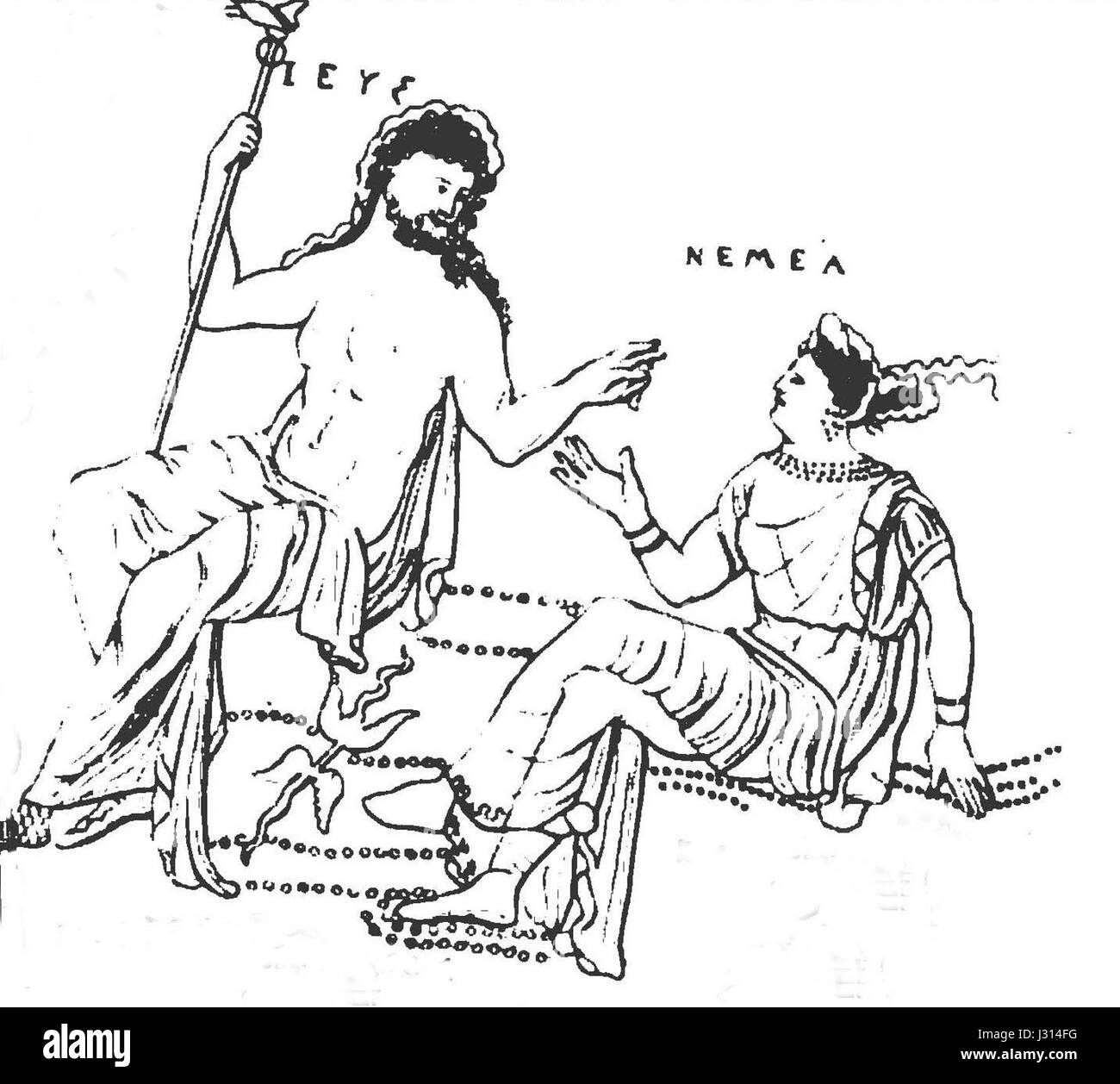 Il vaso Archemoros, raffigurante la morte di Archemoros, è un notevole manufatto greco antico. Presenta scene con Zeus e Nemea, enfatizzando la mitologia greca e la rappresentazione artistica di narrazioni eroiche. Foto Stock