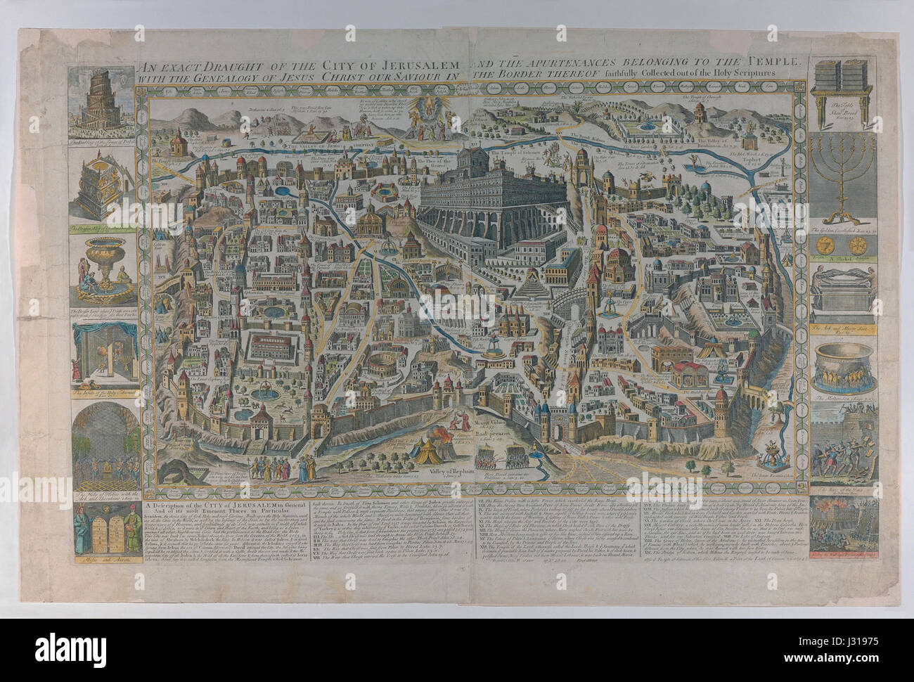 Questa opera è un'illustrazione della città di Gerusalemme, compreso il Tempio Santo e le sue aree circostanti, abbinata a una genealogia di Gesù Cristo. Serve come riferimento storico e religioso ai tempi biblici. Foto Stock