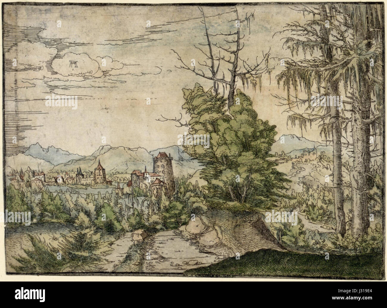 Albrecht Altdorfer - Paesaggio con due abeti rossi e un castello (colorate a mano) Albertina DG1926-1785 Foto Stock