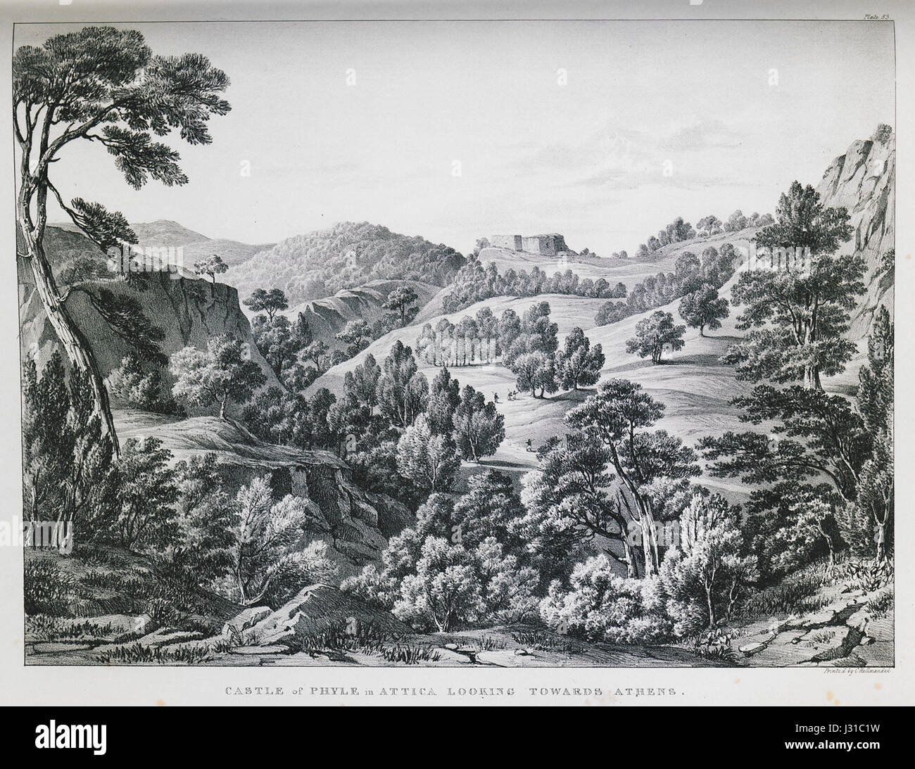 Questa è un'illustrazione di Edward Dodwell del 1834, che mostra il castello di Phyle in Attica con vista verso Atene, evidenziando il contesto storico e geografico dell'antica Grecia. Foto Stock