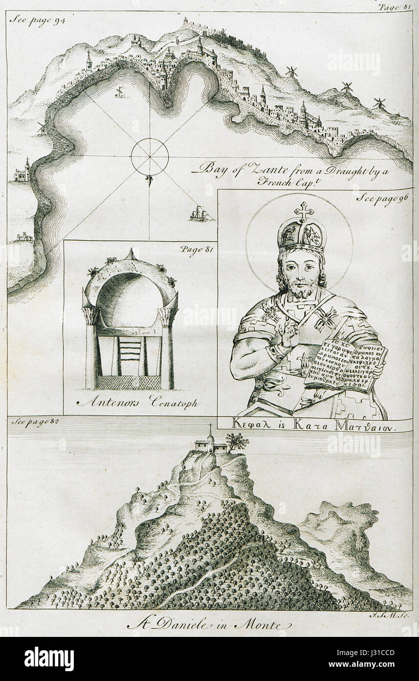 Una raffigurazione della baia di Zante, situata in Grecia, insieme al Cenotafio di Antenore, un monumento progettato da Drummond Alexander nel 1754. L'opera d'arte mostra la pittoresca area della baia e mette in evidenza elementi storici come il cenotafio, che commemora Antenor. Foto Stock