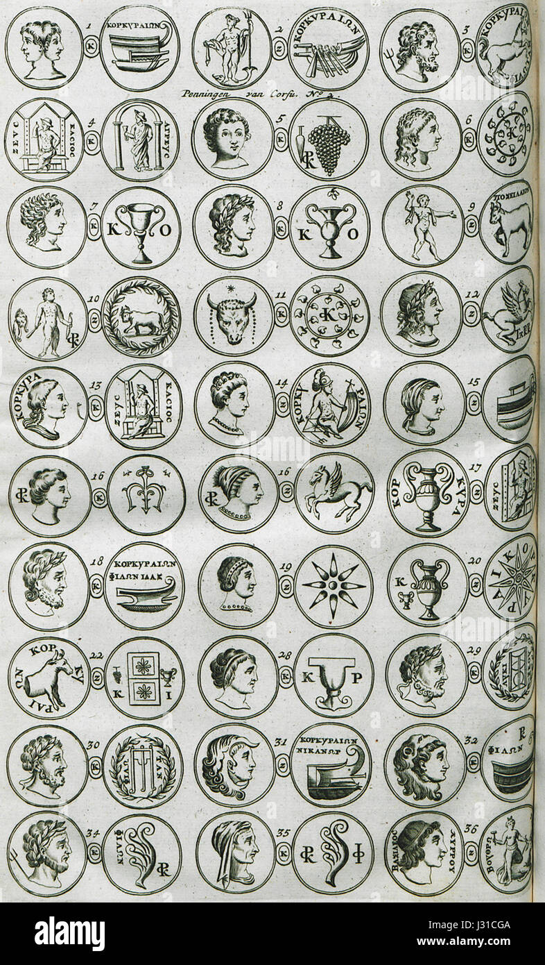 Monete antiche da Corfù - Olfert Dapper - 1688 Foto Stock