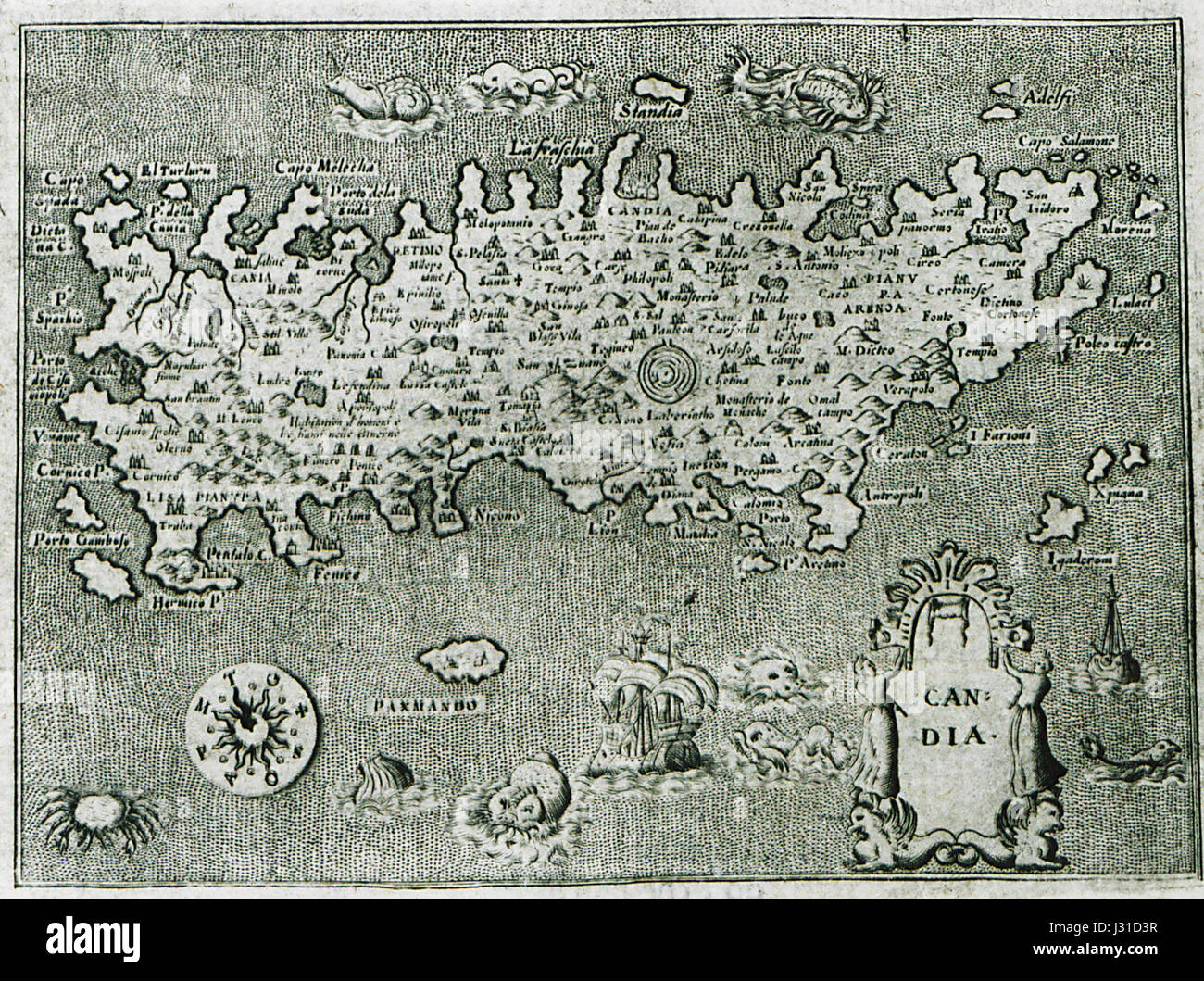 Candia di Tomaso Porcacchi, pubblicata nel 1620, è una mappa storica o opera che documenta l'isola di Candia (Creta). L'opera fornisce informazioni geografiche sul ruolo dell'isola nella storia del Mediterraneo durante quel periodo. Foto Stock