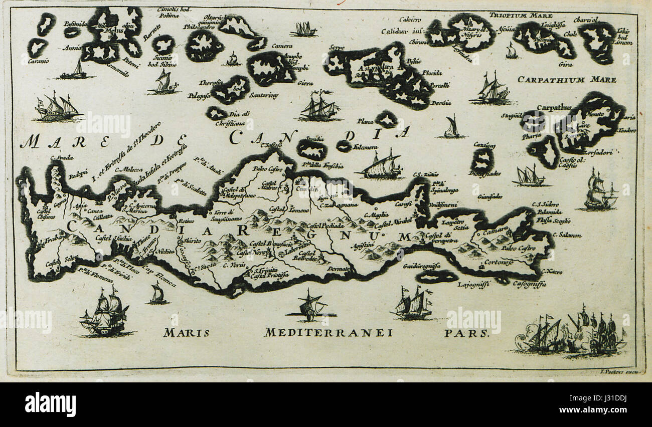 "Candia Regnum" è una mappa storica di Jacob Peeters, risalente al 1690, che raffigura la regione di Candia (l'odierna Heraklion, Creta). La mappa mostra il paesaggio politico e geografico durante il periodo di controllo veneziano. Foto Stock