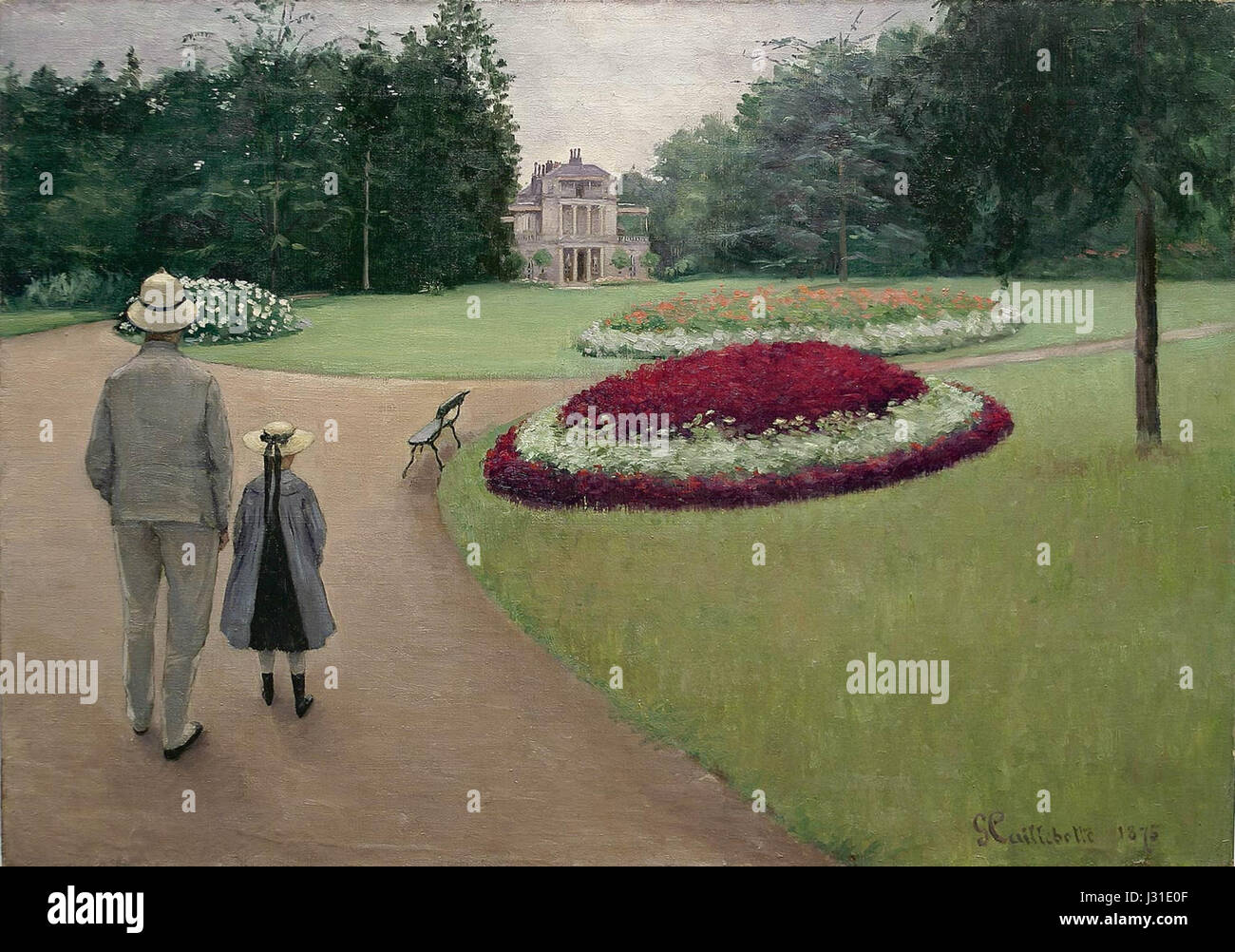 "Parc" è un dipinto dell'artista francese Gustave Caillebotte. L'opera d'arte raffigura un parco, catturando l'essenza dell'impressionismo francese e le attività ricreative del tempo. Foto Stock