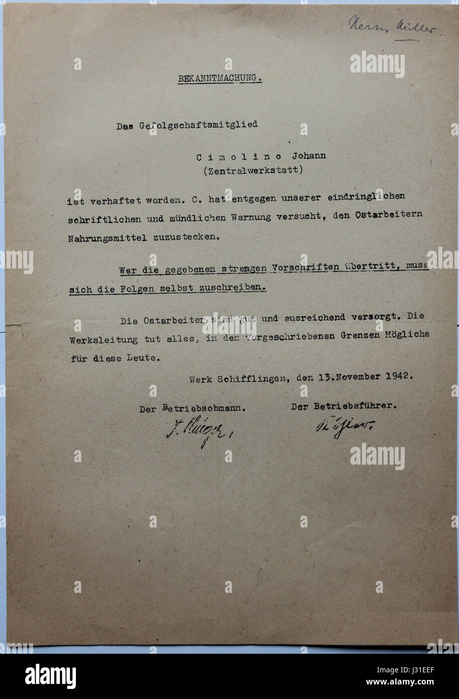 Bekanntmachung Ostarbeiter Verhaftung Arbed Schifflingen 15. Novembre 1942 Foto Stock