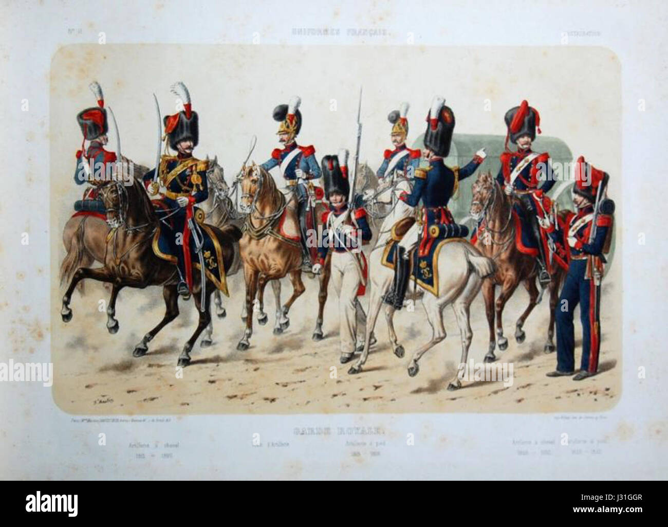 Questa opera d'arte storica raffigura l'artiglieria della Guardia reale durante il periodo della Restaurazione francese. Cattura la forza militare e l'organizzazione della monarchia francese in quel momento. Foto Stock