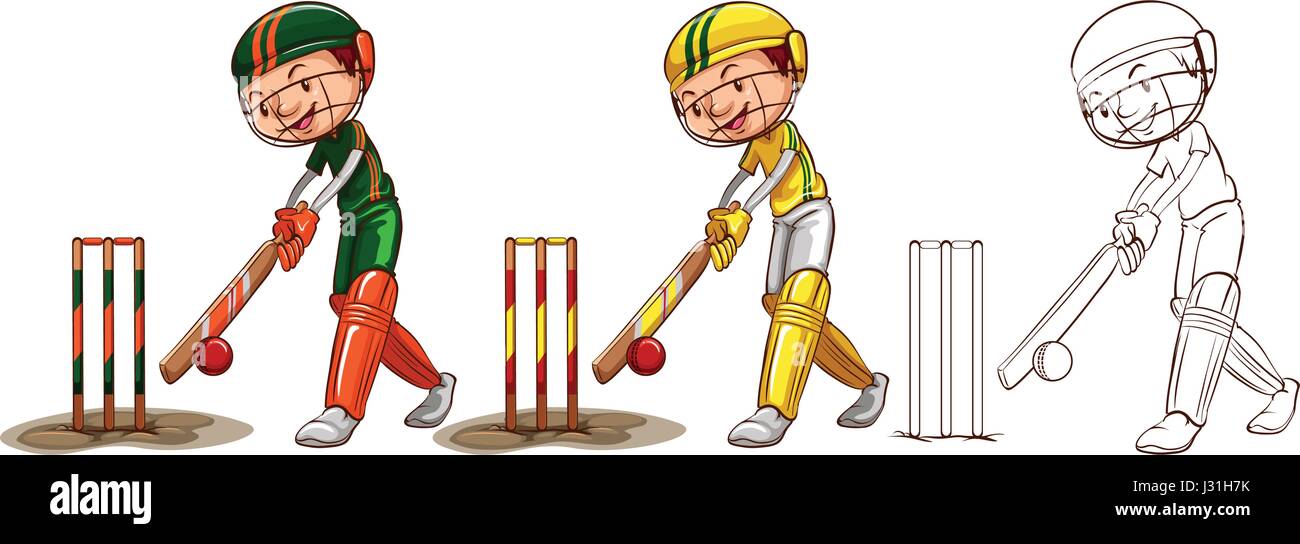 Doodle carattere per i giocatori di cricket illustrazione Illustrazione Vettoriale