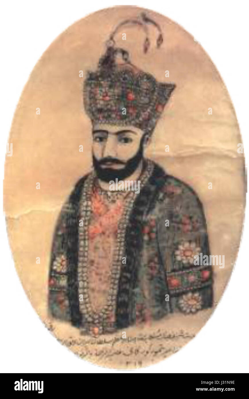 Il ritratto di Amir Teymur, creato da Mir Mohsun Nevvab, raffigura il conquistatore dell'Asia centrale e fondatore dell'Impero timuride. Questa opera d'arte mostra l'importanza di Teymur nella storia e il suo ruolo nel plasmare il paesaggio politico e culturale della regione. Foto Stock