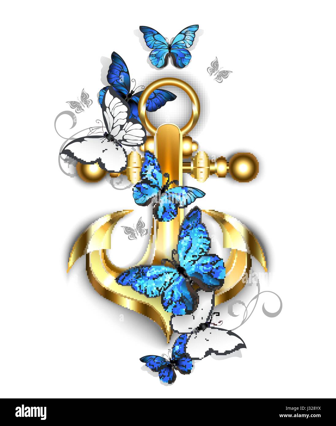 Oro, gioielli ancora con il blu e bianco morfo farfalle su uno sfondo bianco. Morpho. Design con farfalle blu morpho. Illustrazione Vettoriale