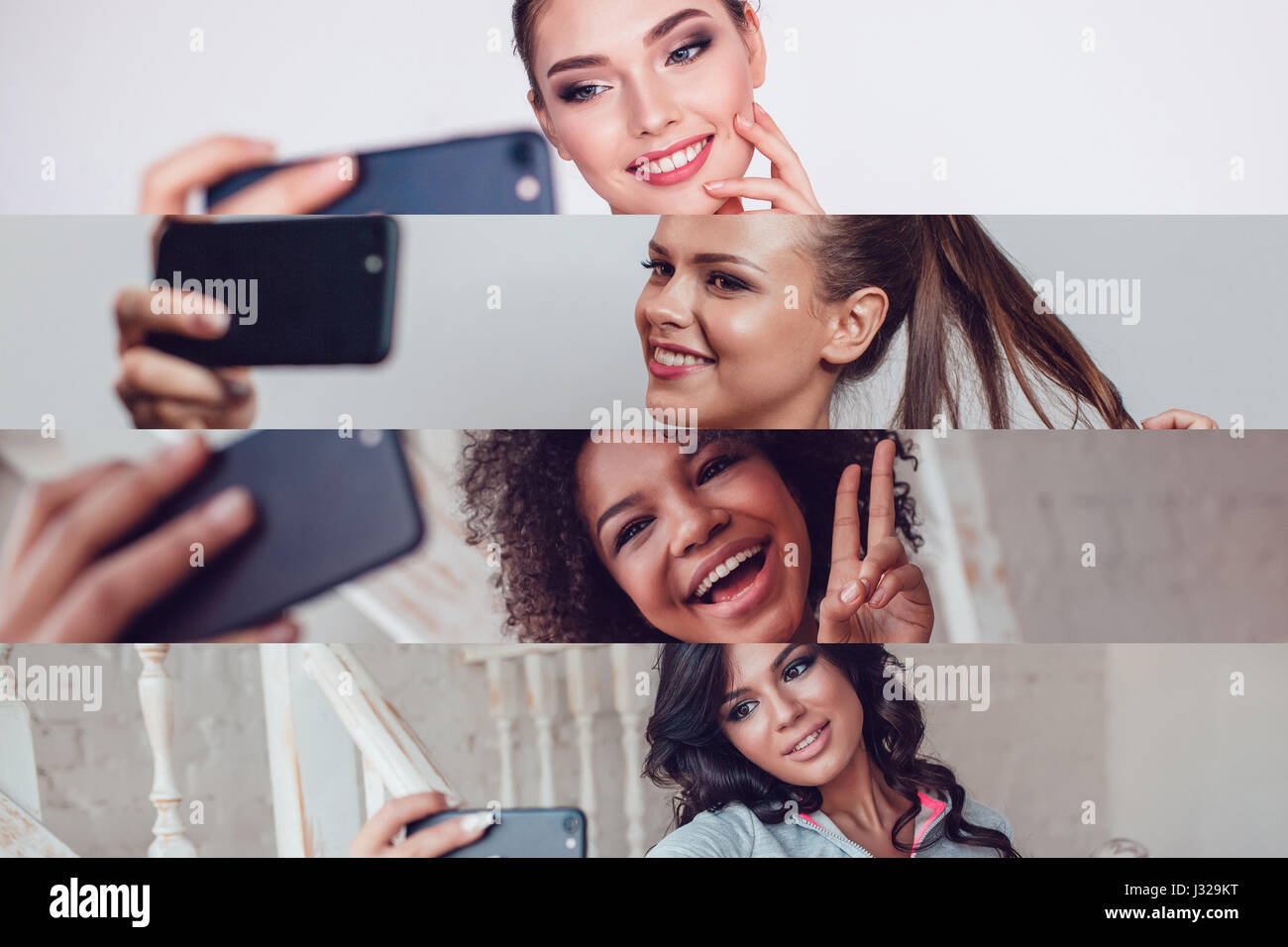 Collage di ritratti di ragazze di diverse gare rendendo selfies Foto Stock