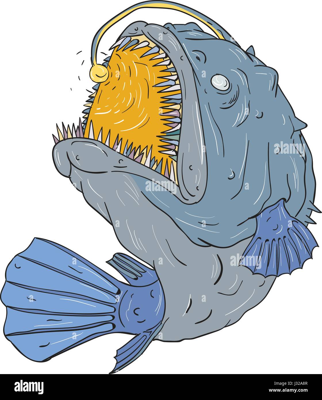 Disegno stile sketch illustrazione di una rana pescatrice dell ordine dei Teleostei Lophiiformes che sono pesce osseo prende il nome per la loro caratteristica modalità di comportamento predatorio, Illustrazione Vettoriale