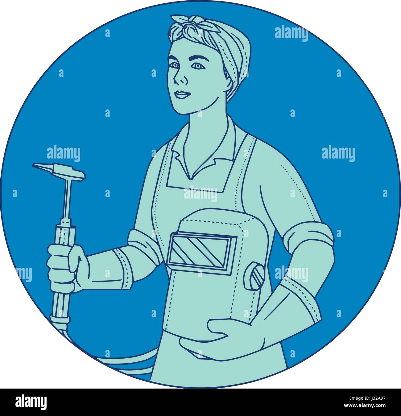 Mono stile linea illustrazione di un saldatore femmina tenendo l'acetilene torcia di saldatura e la visiera se visto dalla parte anteriore impostato all'interno del cerchio. Illustrazione Vettoriale