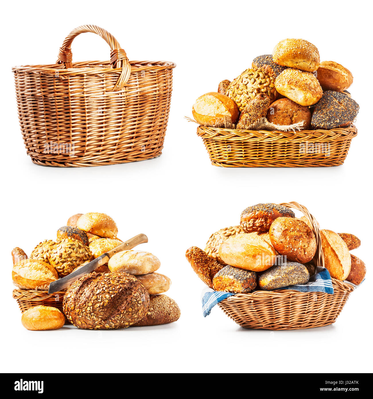 Diversi panini freschi, panini e cestello di raccolta isolati su sfondo bianco Foto Stock