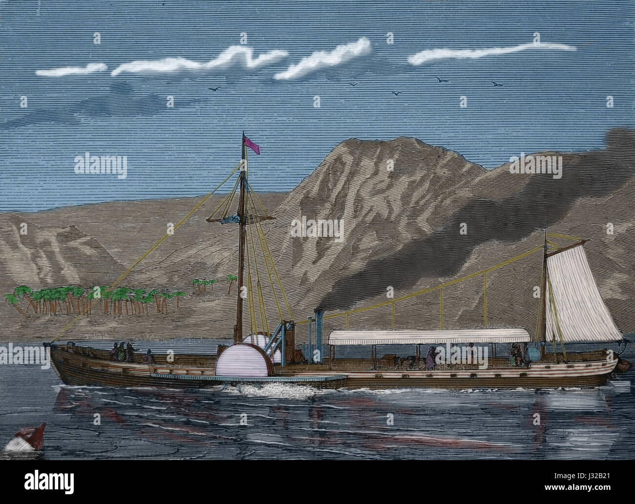 1a steamboat dall ingegnere americano Robert Fulton (1765-1815). Incisione, 1883.incisione. Nuestro Siglo, 1883. Edizione spagnola. Foto Stock