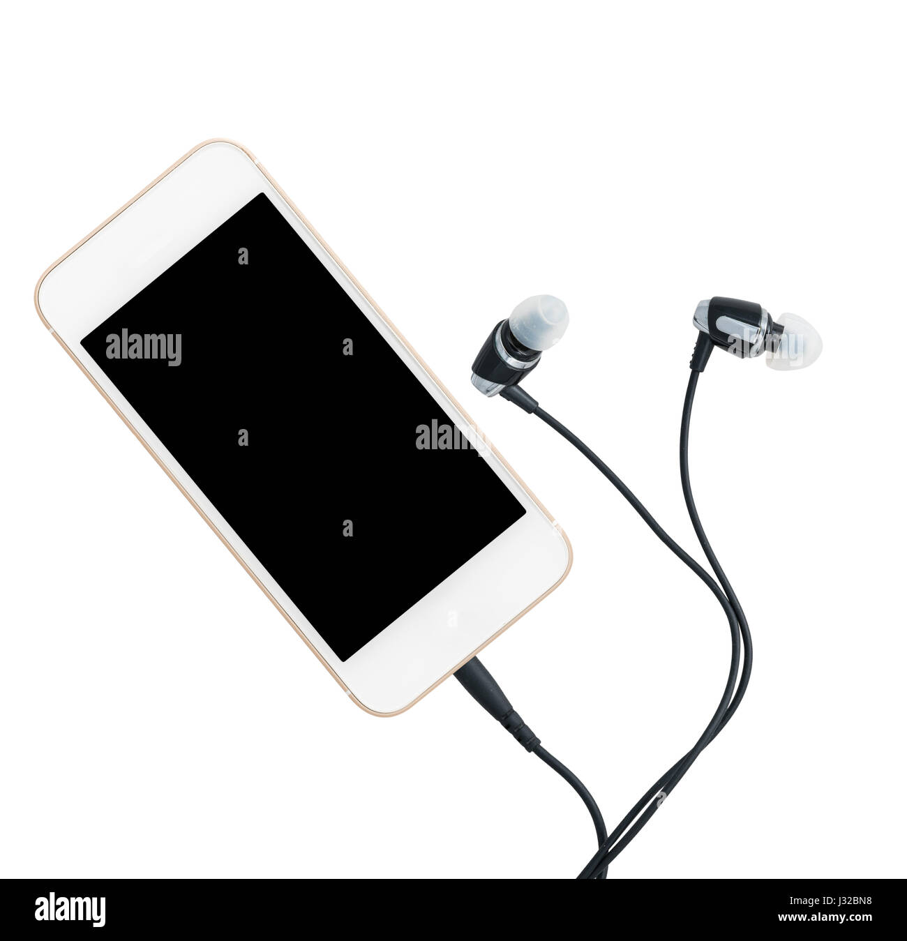 MP3 player di musica digitale integrato in uno smartphone o un telefono cellulare con gli auricolari Foto Stock