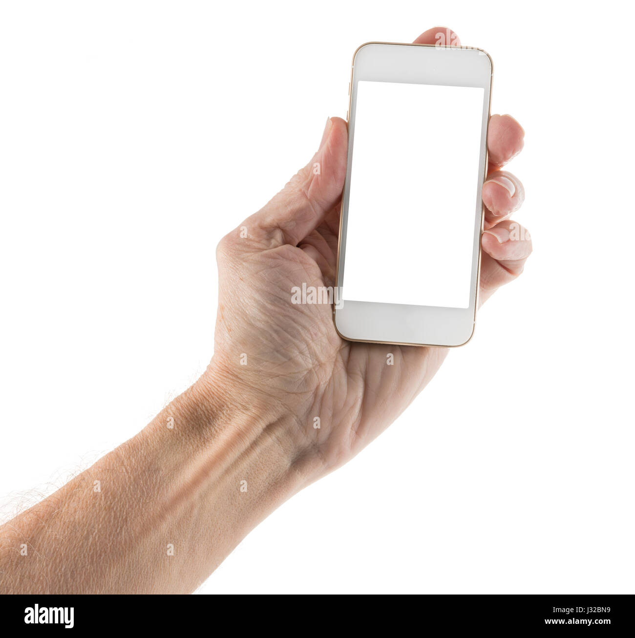 Mano azienda smartphone con schermo bianco su sfondo bianco Foto Stock