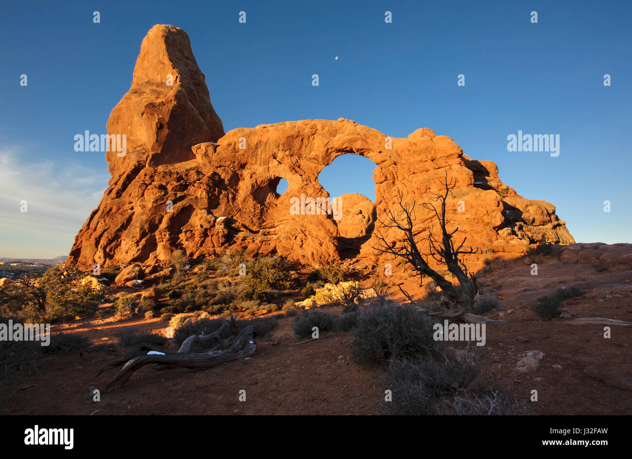 Parco Nazionale di Arches; la Torretta Arch; Utah; deserto; Dawn. Foto Stock