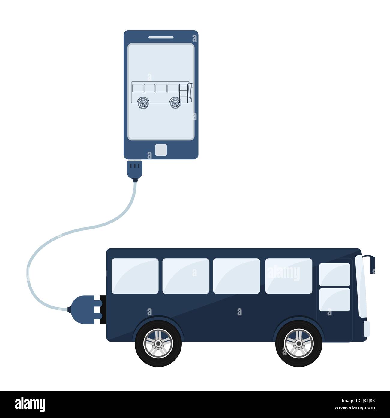 Bus collegato a un telefono cellulare tramite un cavo USB. Schema del bus essendo mostrato sul monitor mobile. Design piatto. Isolato. Illustrazione Vettoriale