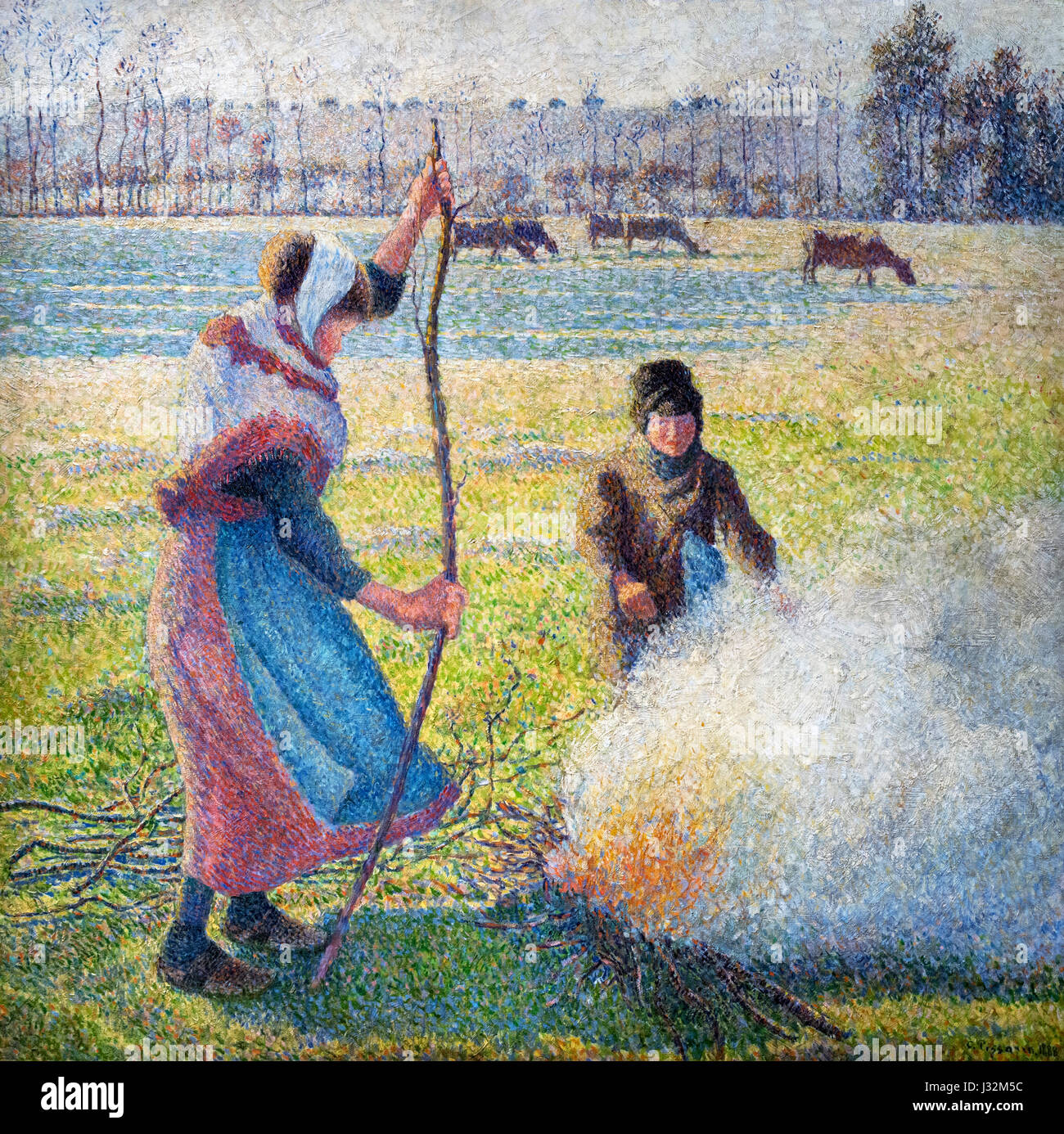 Pissarro. Pittura intitolata "Gelée Blanche, Jeune Paysanne Faisant du feu" (brina, Contadina di fare un fuoco) da Camille Pissarro (1830-1903), olio su tela, 1888 Foto Stock