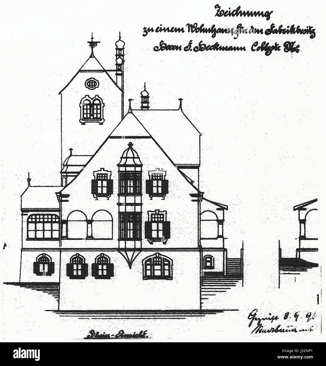 Questo disegno architettonico di Bonn, Germania, mostra il design di Villa Heckmann. Situata lungo il fiume Reno, la villa è un ottimo esempio di architettura del XIX secolo nella regione. Foto Stock
