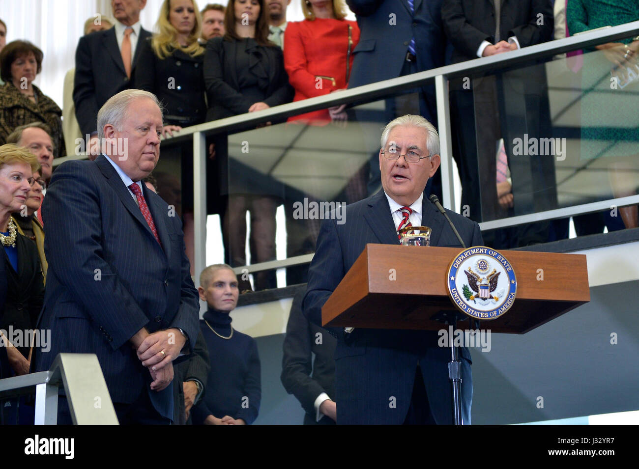 Il 2 febbraio 2017, Rex Tillerson, Segretario di Stato degli Stati Uniti, ha tenuto il suo primo discorso al Dipartimento di Stato dipendenti nell'edificio Harry S. Truman, segnando l'inizio del suo mandato in carica. Foto Stock