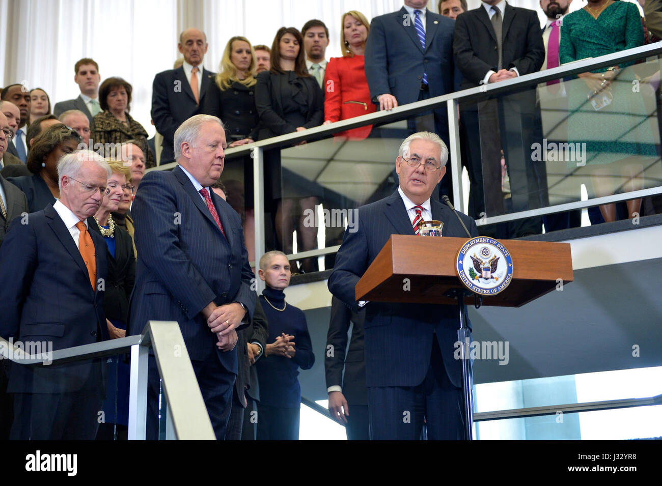 Il 2 febbraio 2017, il Segretario di Stato degli Stati Uniti Rex Tillerson pronunciò un discorso di benvenuto ai dipendenti dell'edificio Harry S. Truman a Washington, D.C. questo evento segnò il suo primo giorno in carica. Foto Stock