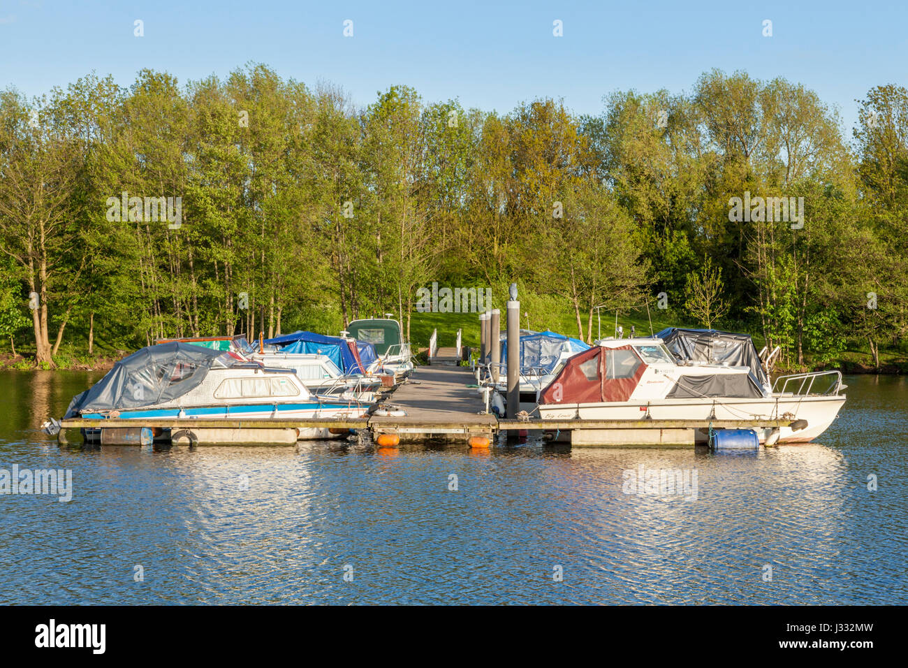 Barche ormeggiate lungo un pontile, Colwick Park marina, Nottingham, Inghilterra, Regno Unito Foto Stock