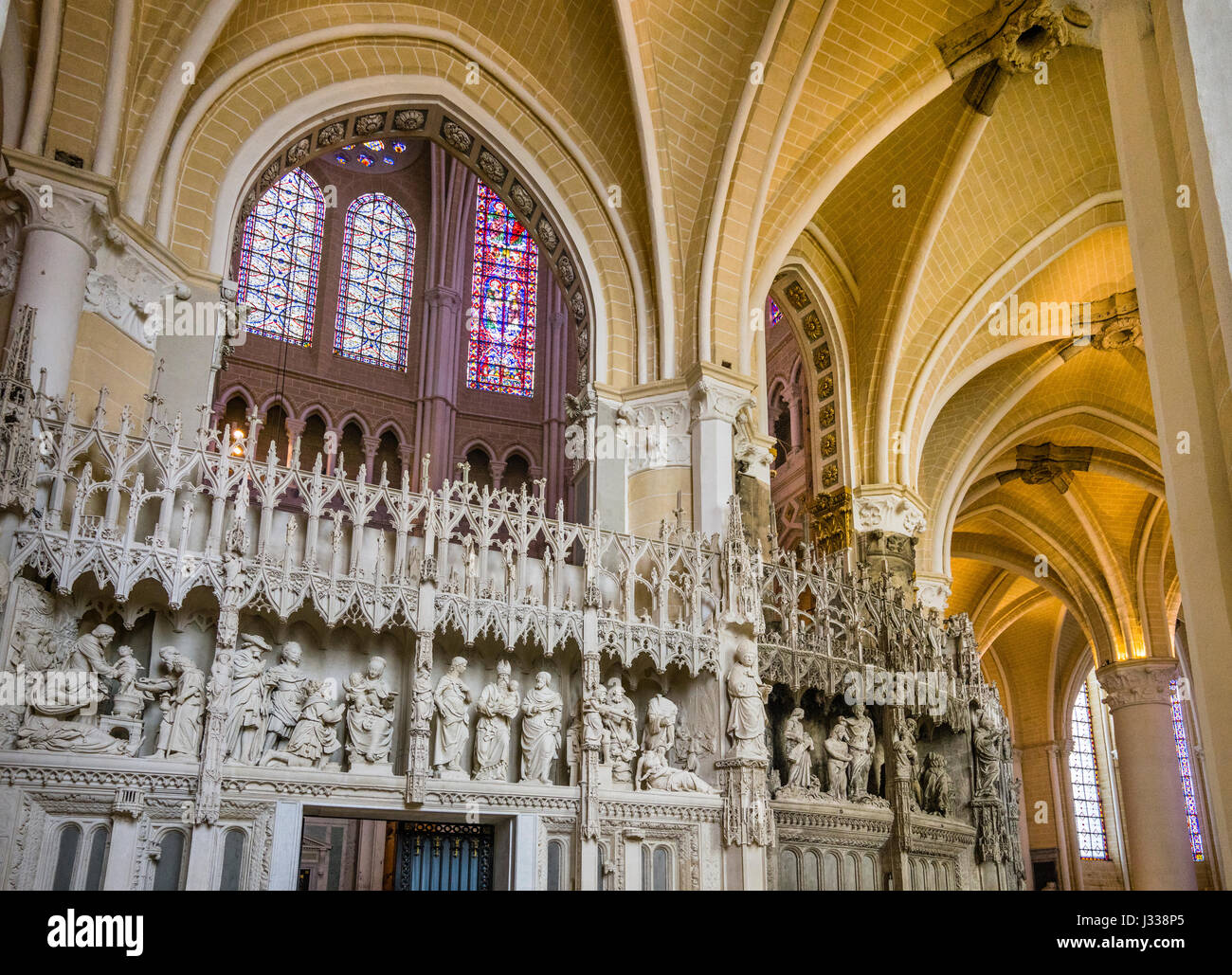 Francia, Center-Val de Loire, Chartres, coro schermo nel deambulatorio della Cattedrale di Chartres Foto Stock