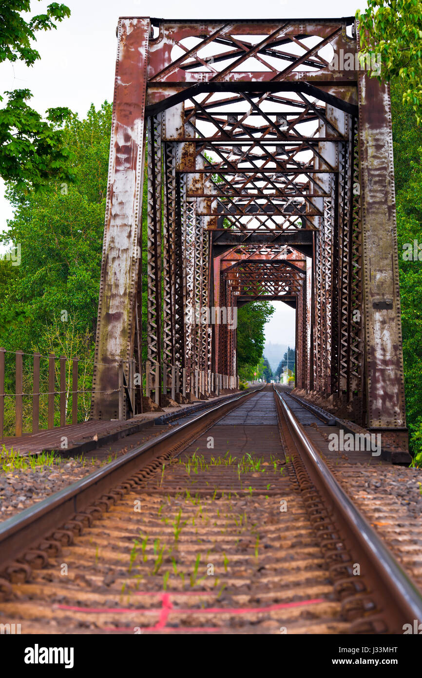 Percorso ferroviario con la rampa e traversine che passa attraverso il vecchio ponte metallico con ponte di travatura reticolare, lasciando in prospettiva contro lo sfondo di gree Foto Stock