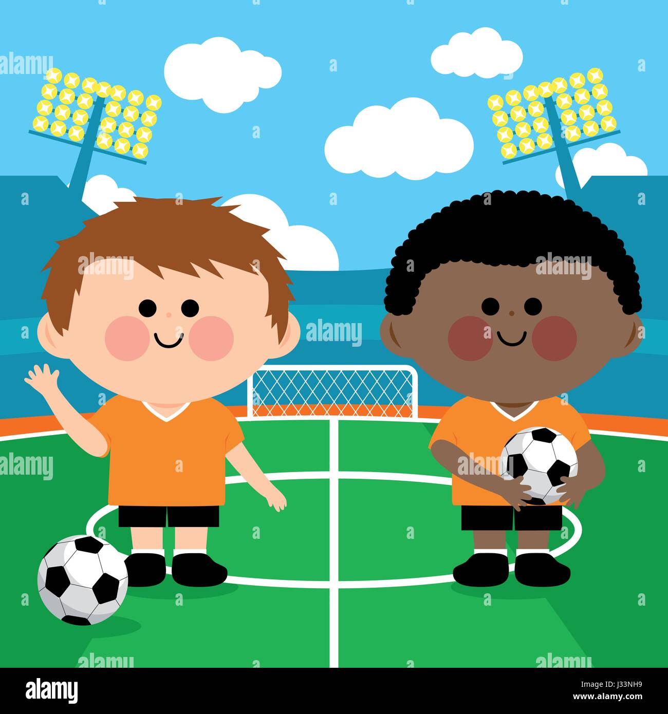 Bambini i giocatori di calcio in uno stadio. Illustrazione Vettoriale Illustrazione Vettoriale