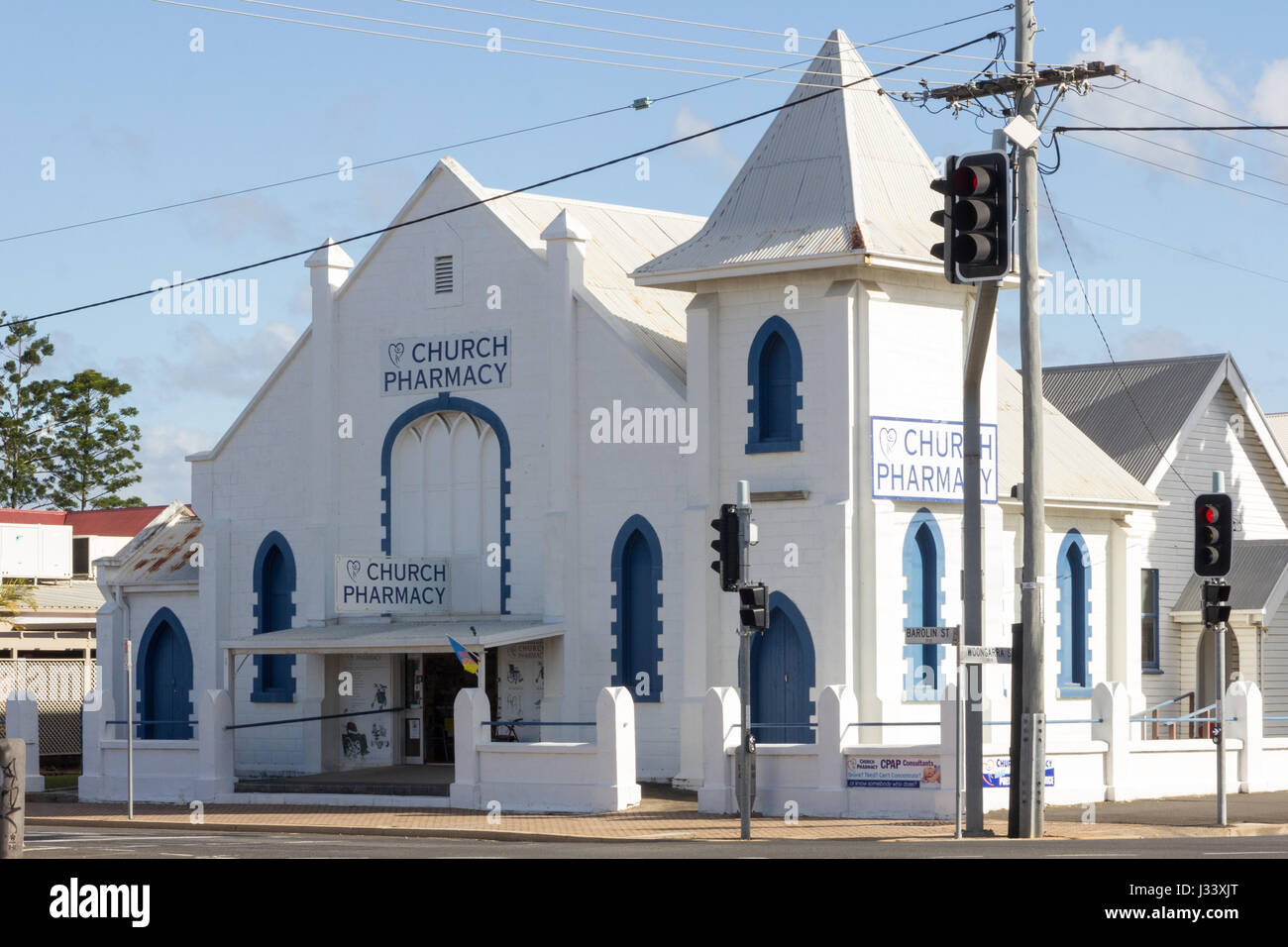 Chiesa farmacia ex Chiesa di Cristo, a Bundaberg, Queensland, Australia Foto Stock
