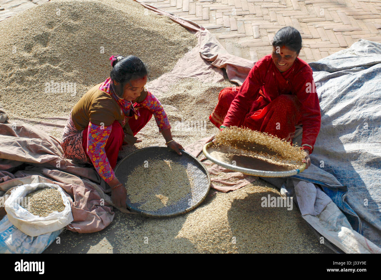 Le donne che lavorano con il riso essiccazione in ceramica quadrata. Bhaktapur, Nepal. Foto Stock