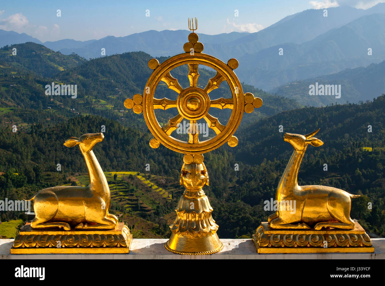 La ruota del dharma (Dharmacakra) dell'Thrangu Tashi Yangtse monastero Buddista in Namo Buddha. Il Nepal. Foto Stock