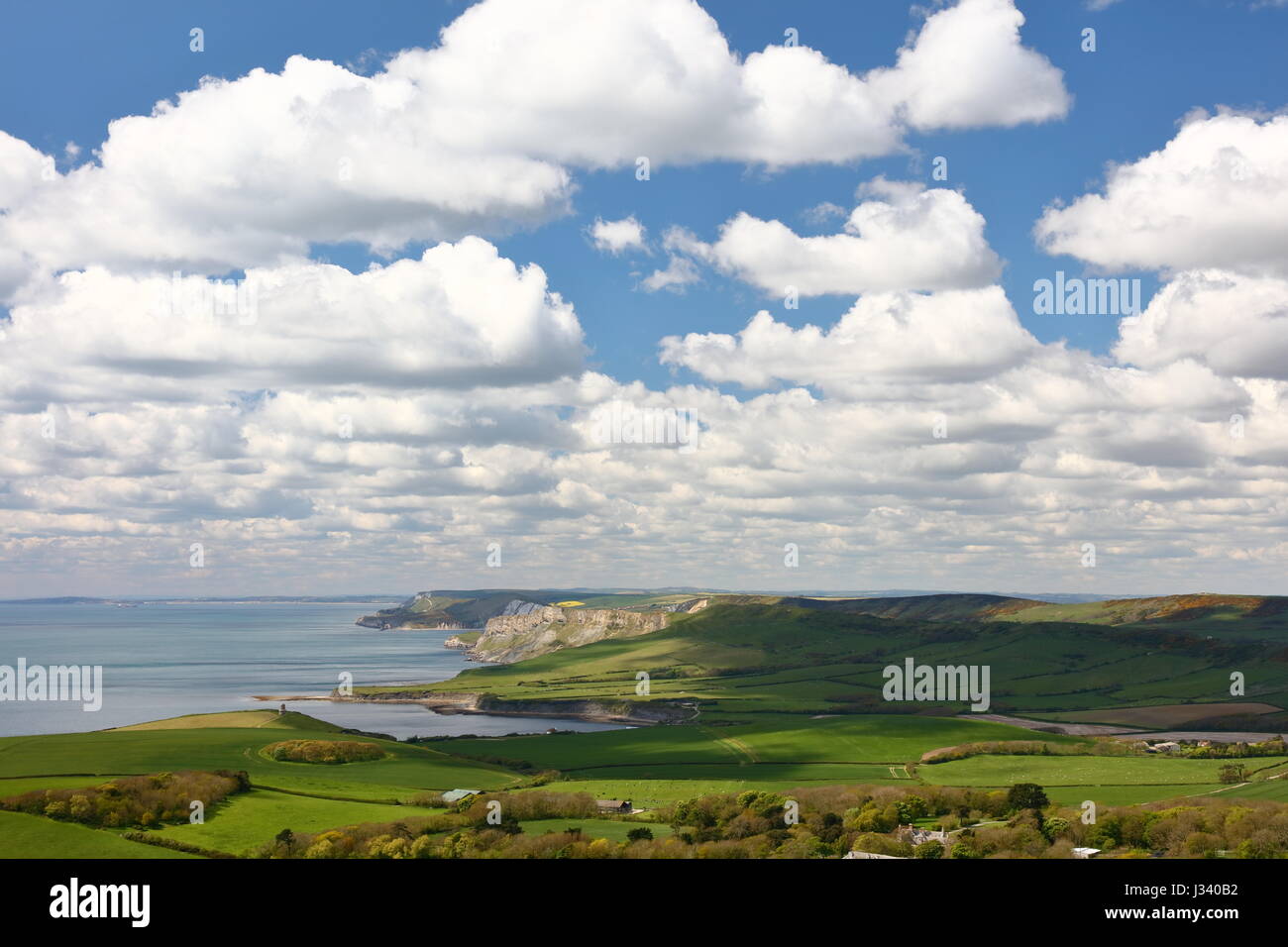 Clavell Tower, Kimmeridge Bay di westerly panorama lungo la Jurassic Coast con Gad Cliff e Worbarrow Tout, dalla testa Swyre, DORSET REGNO UNITO Foto Stock