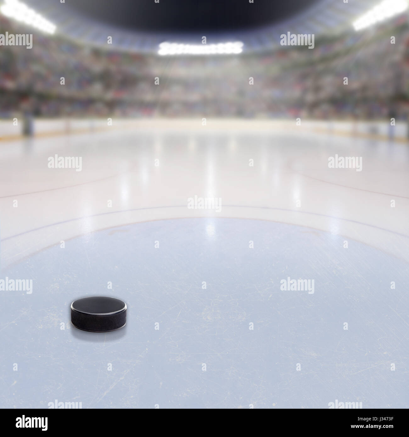 Disco da hockey su ghiaccio in arena fittizio con ventole in gabbie e copia dello spazio. 3D rendering della pista da hockey arena. Foto Stock