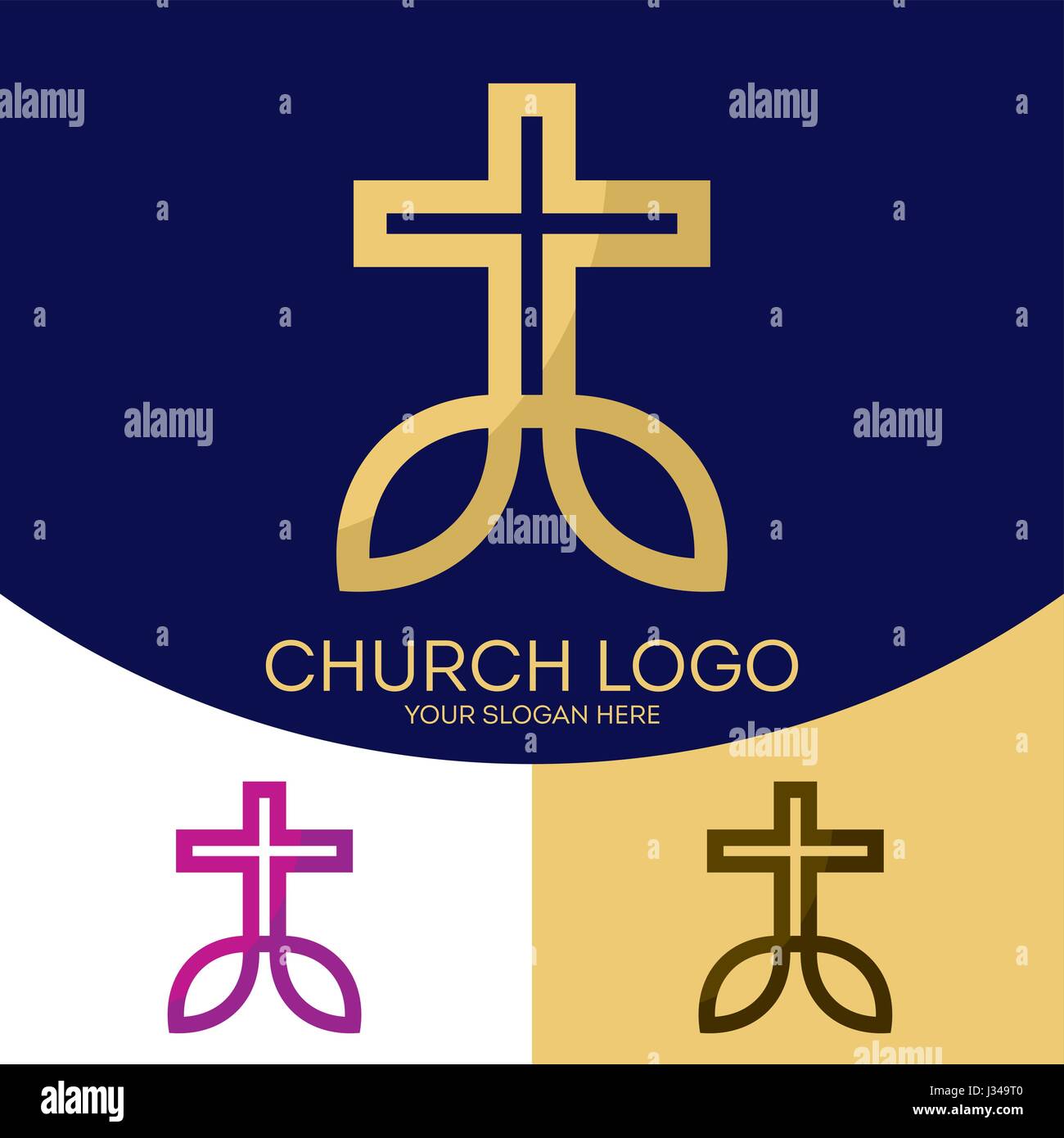 Logo della chiesa. Simboli cristiani. La croce di Gesù Cristo e il pesce - un simbolo del Signore e Salvatore. Illustrazione Vettoriale