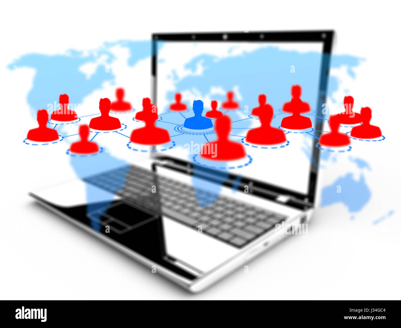 Social networking technologies e la mappa del mondo su un laptop. Social media concept Foto Stock