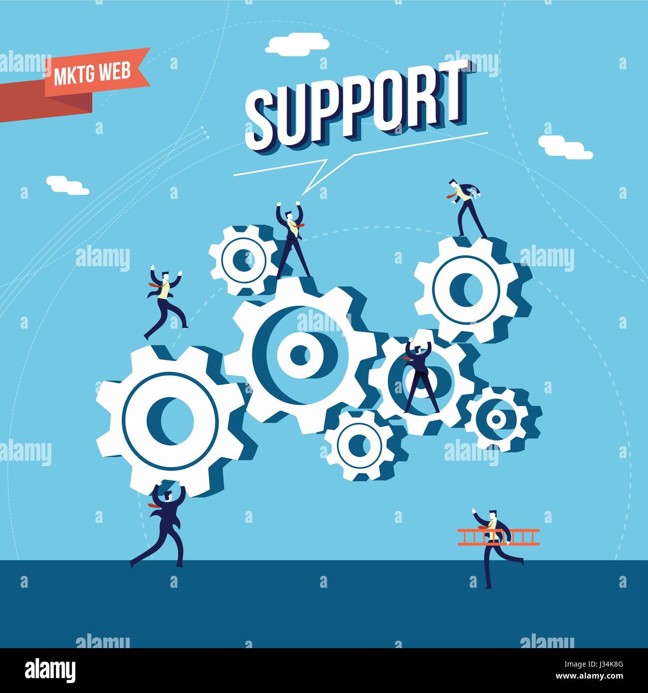 Web marketing Il concetto di supporto illustrazione con uomini di affari di team e cog ruote. EPS10 vettore. Illustrazione Vettoriale
