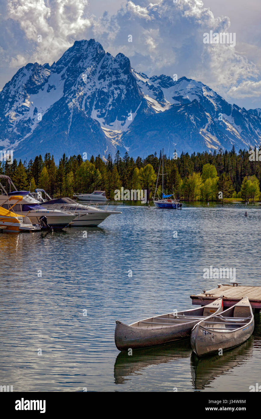 Vista di Mt. Moran a Colter Bay Village, il Parco Nazionale del Grand Teton, Wyoming USA Foto Stock