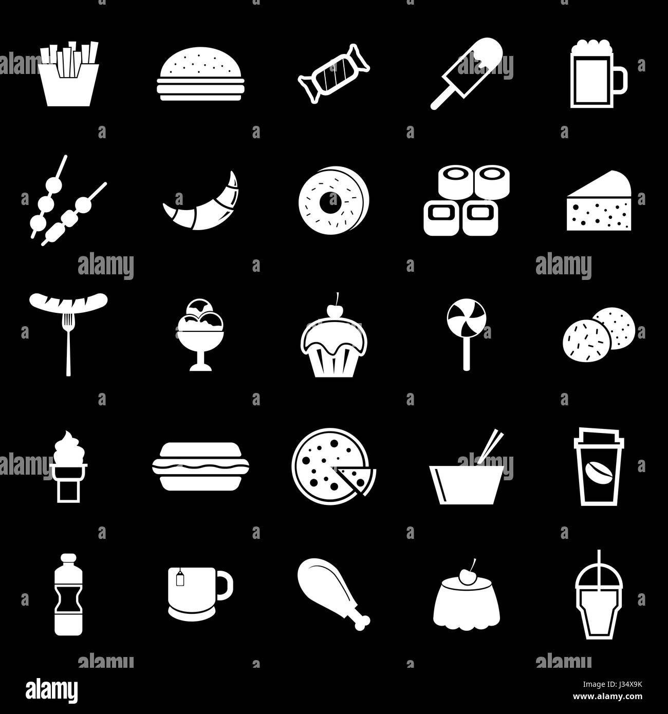Il fast food icone su sfondo nero, vettore di stock Illustrazione Vettoriale
