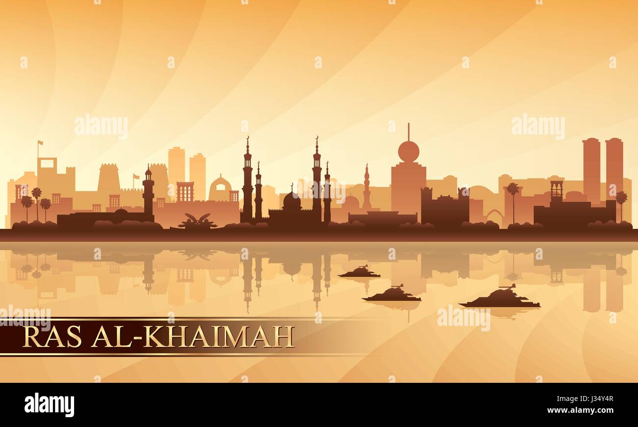 Ras al-Khaimah skyline della città sullo sfondo di silhouette, illustrazione vettoriale Illustrazione Vettoriale
